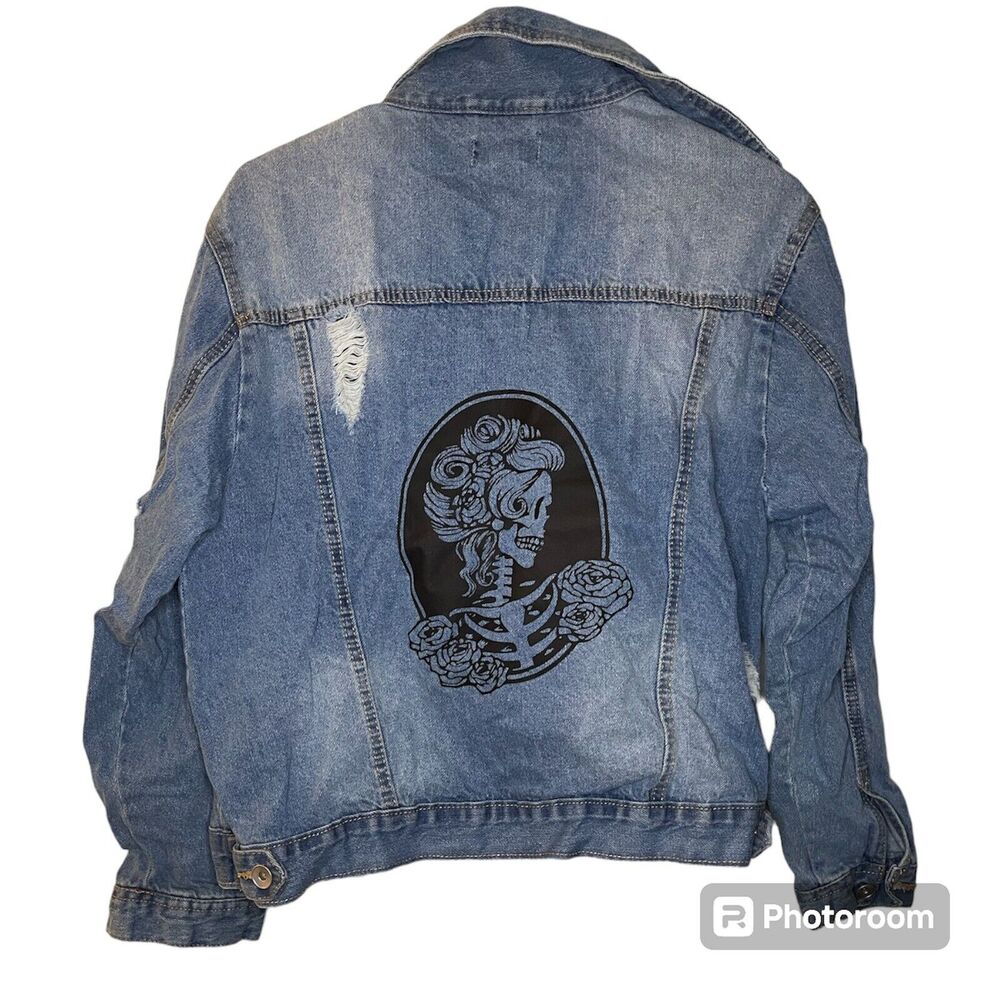 NEW LOOK Button Up women's Denim Jacket sz L Goth Skelton Halloween Skull Jean